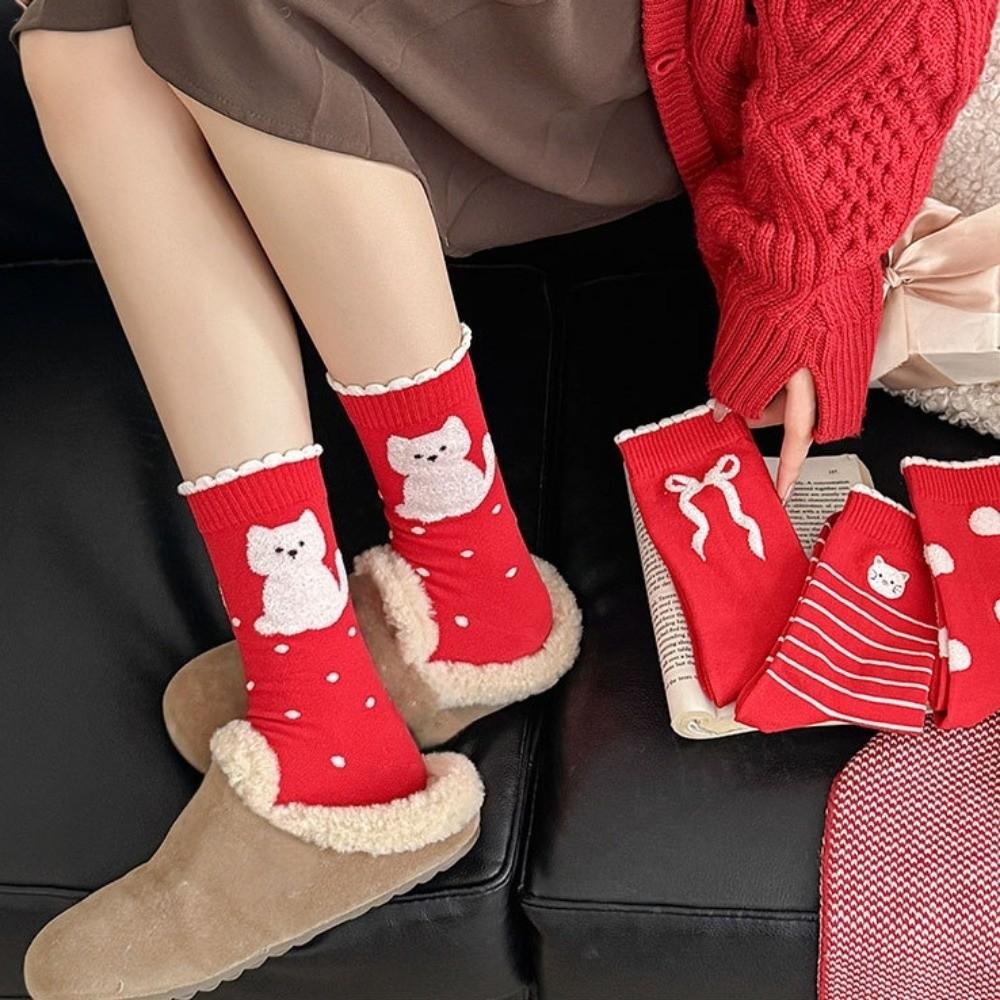 5 Pairs Breathable Polka Dot Socks Combed Cotton Stripe Socks Kitten Red Socks  Spring Festival