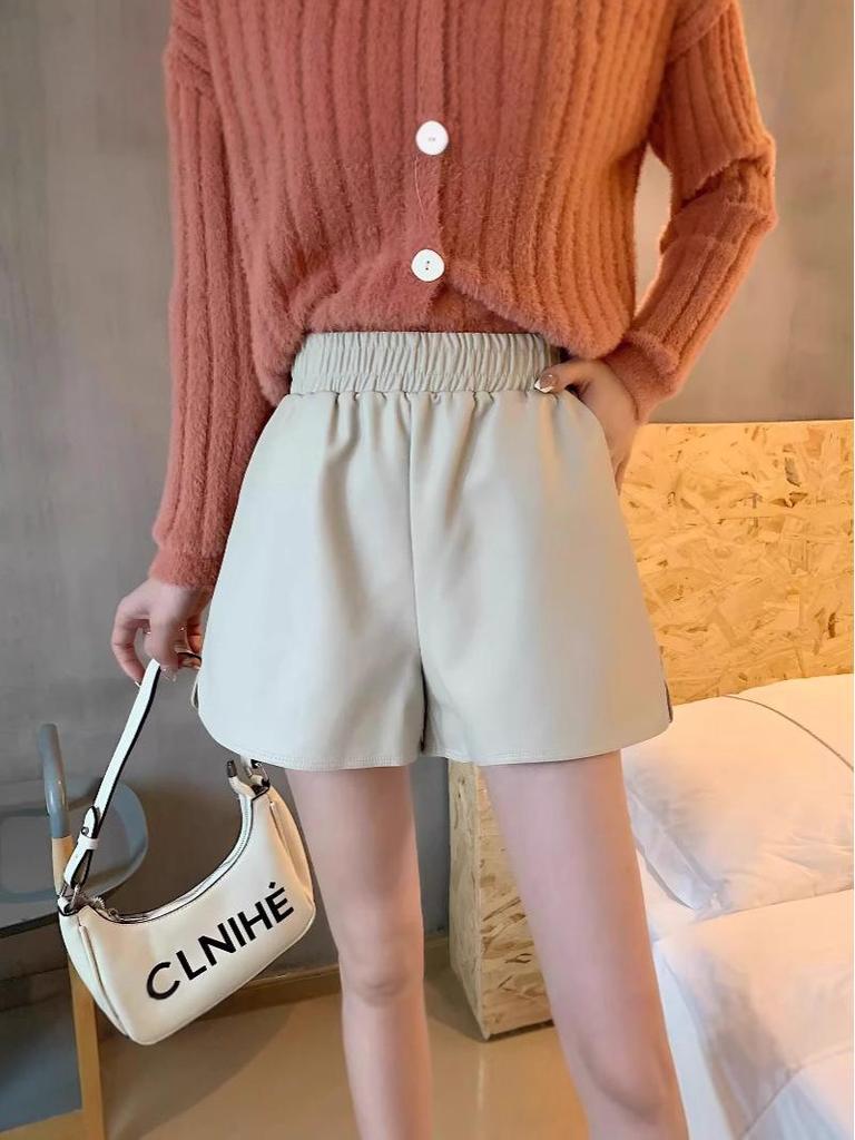 Women's High-Waisted PU Leather A-Line Shorts - Winter 2024, Versatile Wide-Leg Bootcut Pants