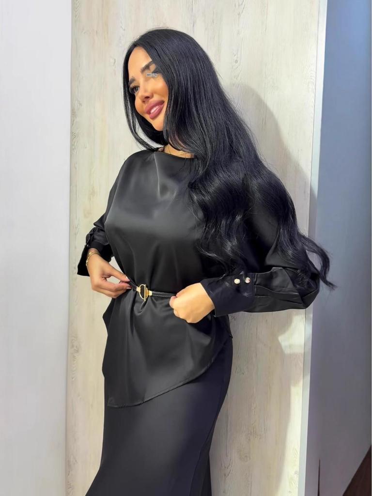 2025 Fall European & American Women's Round Neck Waist-Cinching Long Sleeve Top & Half Skirt Solid Color Set