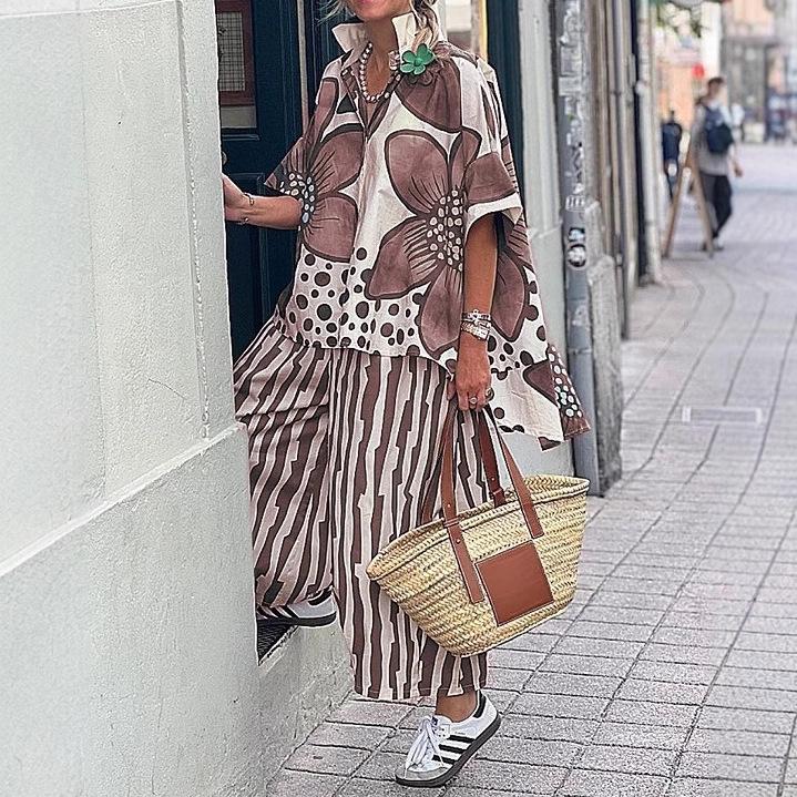 Floral Print Short Sleeve Top and Striped Wide Leg Pants 2-Piece Set