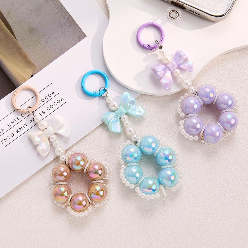Pearl Bow Phone Lanyard with Sweet French Style Bag Keychain and Round Clasp