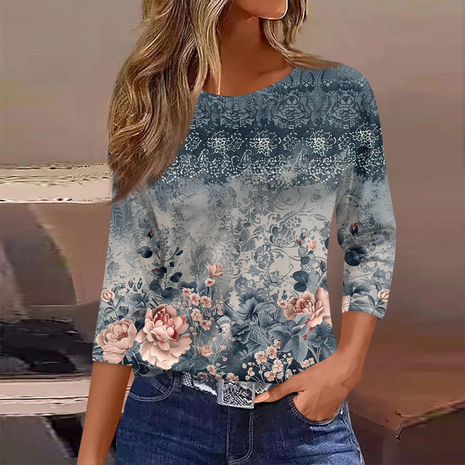 

Женская футболка с принтом, рукав 3/4, повседневная, модная, на выходные, базовая, с круглым вырезом, стандартный топ M тёмно-синий