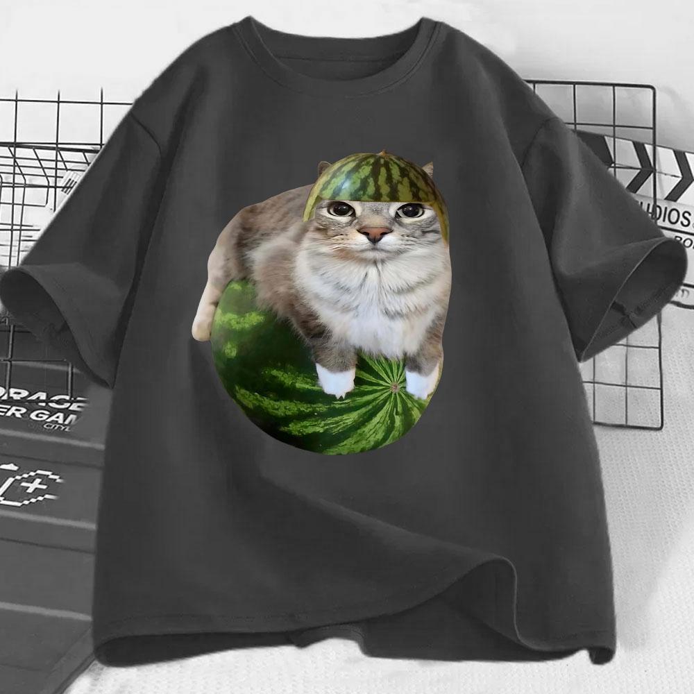 Watermelon Cat Silly Cat Funny Meme T Shirts Men's Women Clothing Casual Cotton T-shirt Fashion Short Sleeve Oversized T-shirts