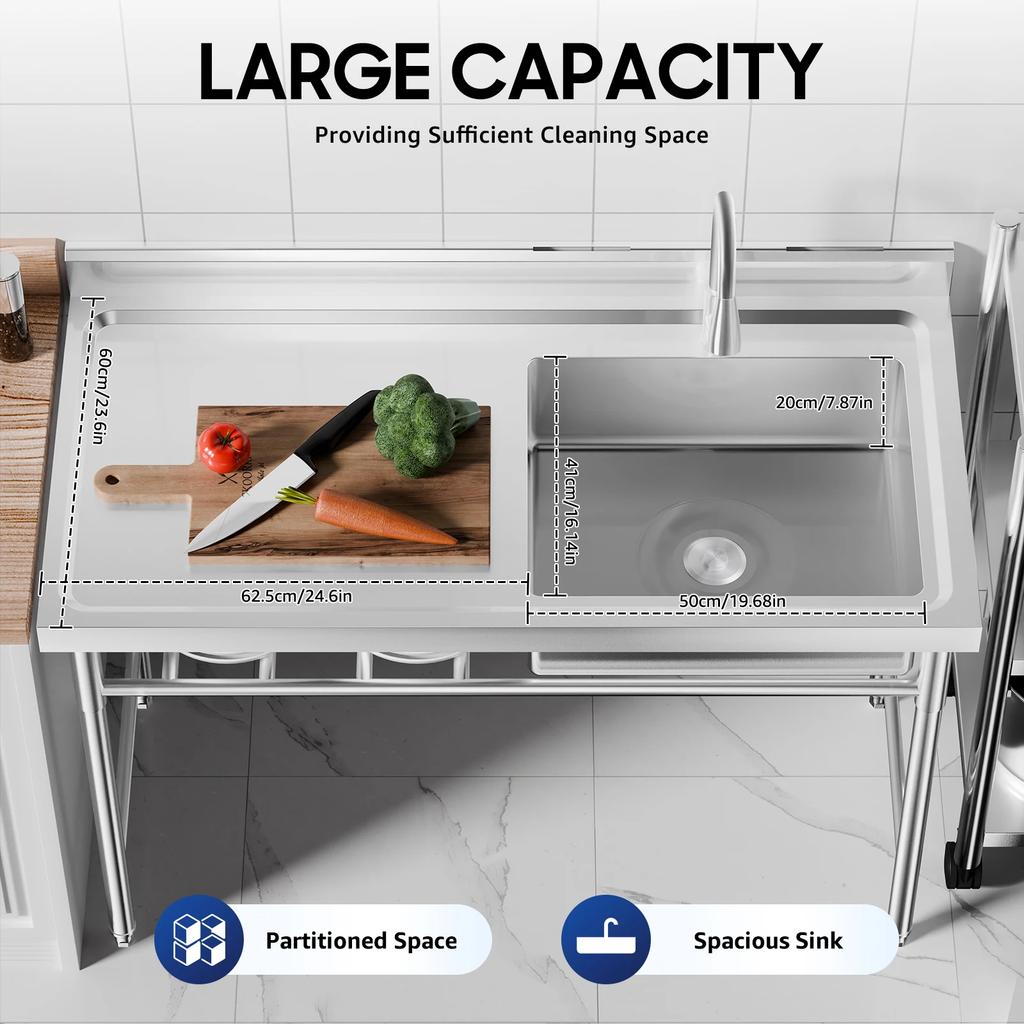1 Grid Commercial Kitchen Sink,Free Standing Extra Thick Left Platform Right Basin,200kg Load Capacity for Restaurant & Home Use