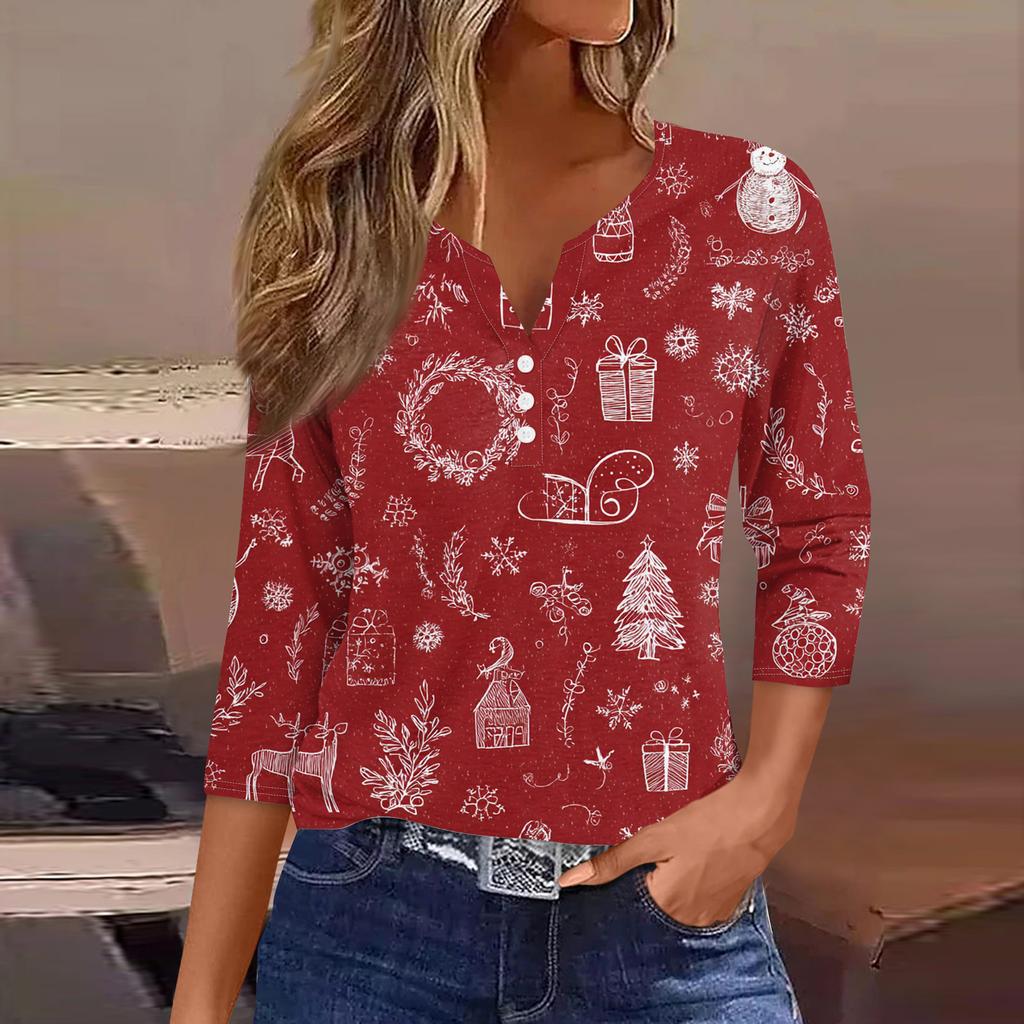 Damenmode Lässig Halloween Bedruckt V-Ausschnitt Kurzarm Zierknopf Dreiviertelarm T-Shirt Top