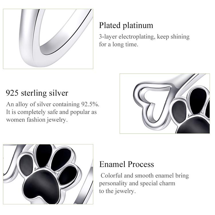 BAMOER Authentic Sterling Silver 925 Black Enamel Dog Paw Heart Adjustable Finger Rings for Women