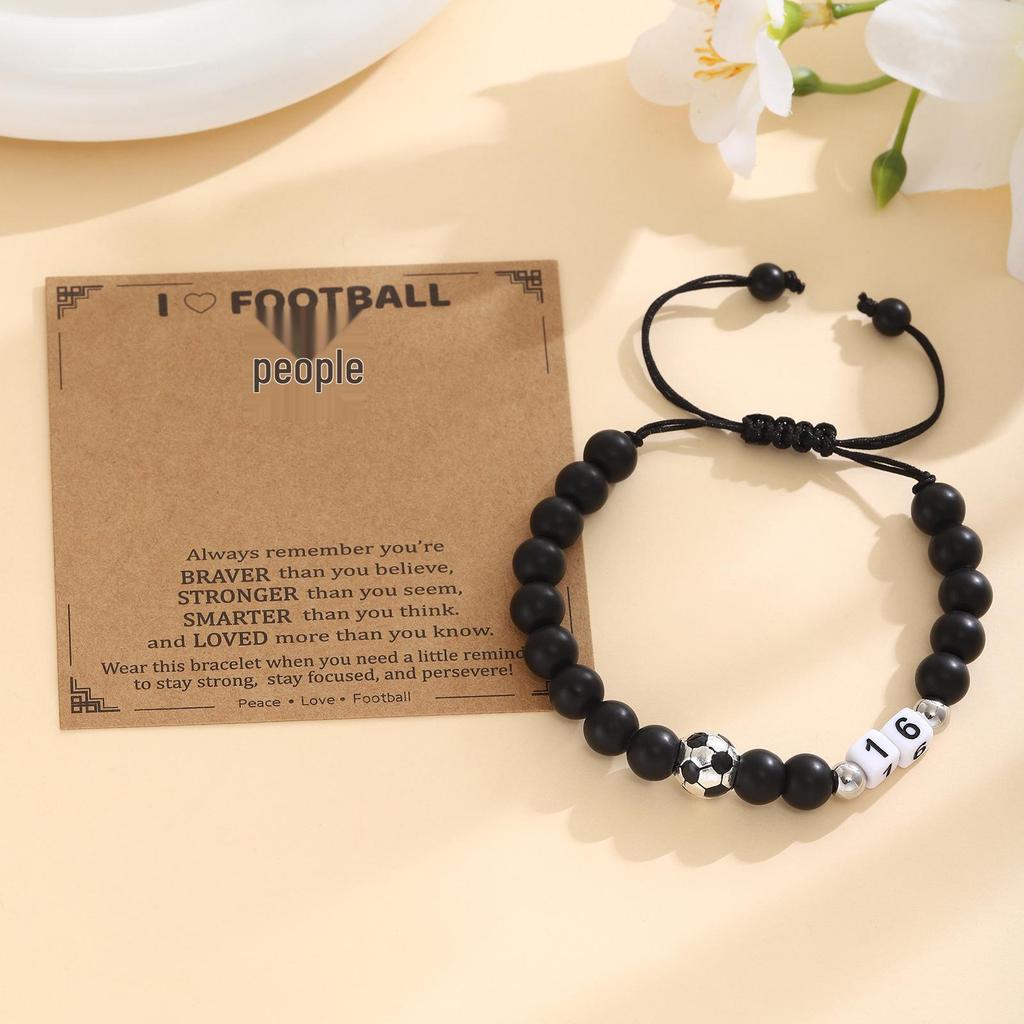 Men's Adjustable Black Matte Stone Beaded Bracelet - Football Number Birthday Gift