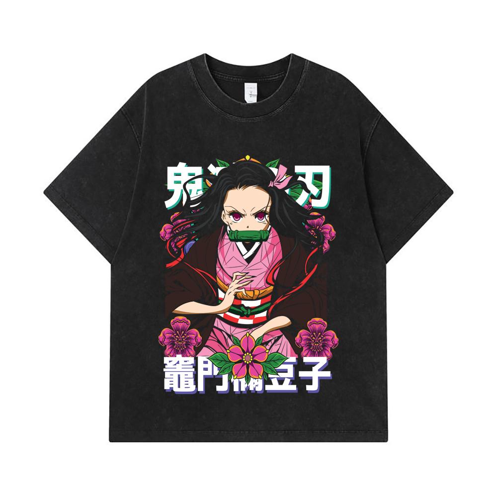 275 GSM Gewaschene T-Shirts 100% Baumwolle Demon Slayer V70 Nezuko Blumenprint Unisex Schweres Baumwoll-T-Shirt
