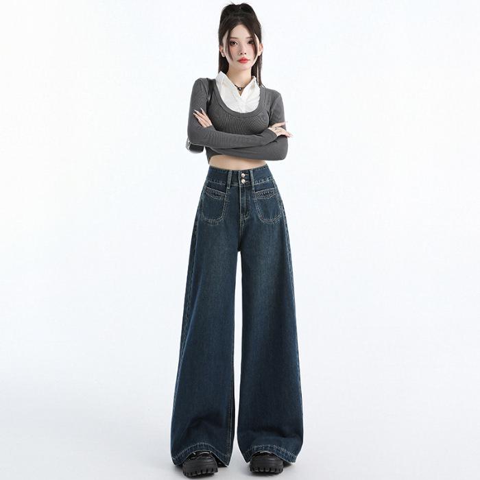 

Women s Autumn Wide-Leg Dark Blue Jeans – Floor-Length, American High Street Style, Spicy Design, Drape Straight-Leg Pants Extra Large