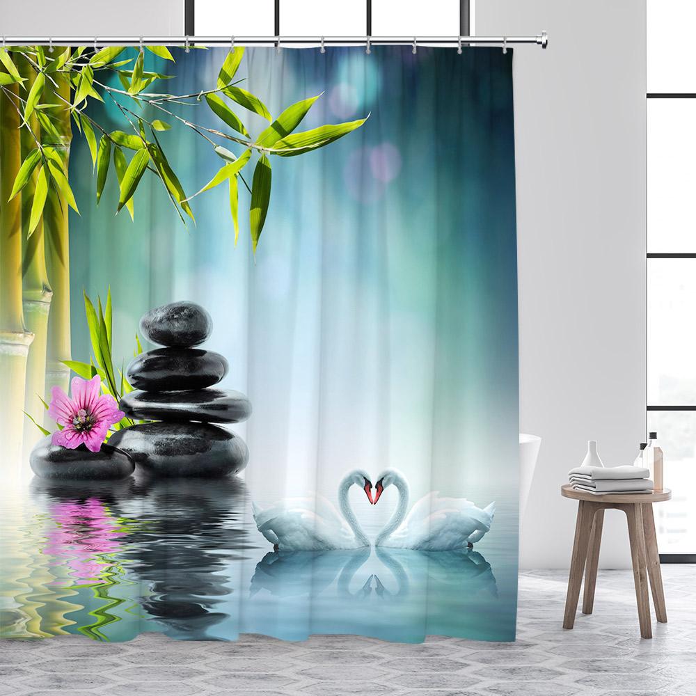 Zen Shower Curtain Green Bamboo Buddha Pink Orchid Lotus Swan Spa Nature Scenery Bathroom Curtains Fabric Home Decor with Hooks
