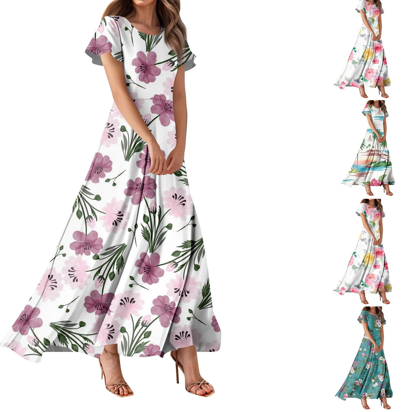 

Жіноча повсякденна сукня з гавайським принтом, круглим вирізом, коротким рукавом та завищеною талією XXL фіолетовий