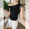 High-end sense unique swinging collar one-word off-the-shoulder pleated thin short-sleeved T-shirt women's summer wear sleeveless pure desire top
