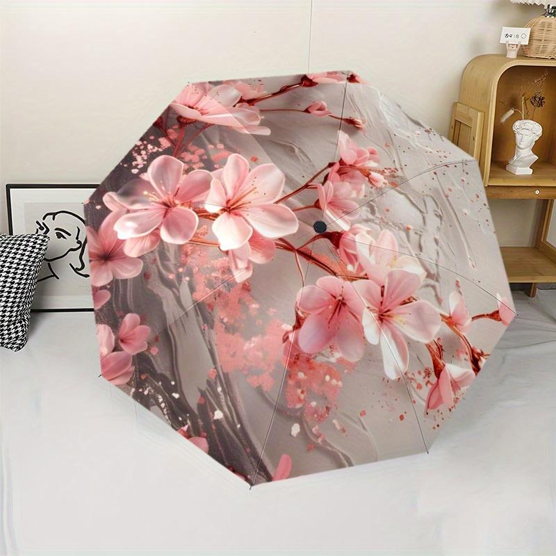 Vintage Floral Umbrella - Automatic Open/close, Windproof 8-Rib Construction with Pink Cherry Blossoms, All-Weather Protection Iron&8K