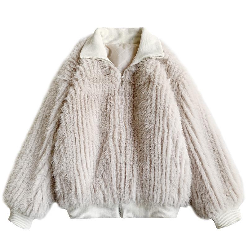 New Product Stand-up Collar Vertical Strip Fox Hair Ditching Imitation Fur Jacket Cutting Ditch Plush Women's Winter Clothing Zipper Fur Top Tide