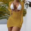 3 Pcs/Set Bikini Set Cover Up Set Solid Color Three-point Long Sleeves Low-cut Skinny Swimming Elastic See-through Lady Beach Swimsuit