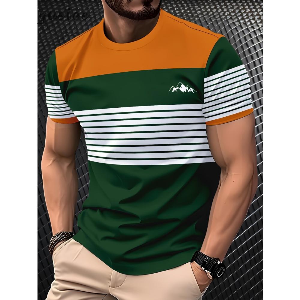 3D Striped Print Men's Top Fashion Men's Short Sleeved Tee Casual Loose Breathable Men's Clothing
