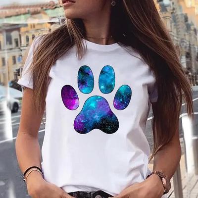 Damen T-Shirts Hundepfote Cartoon Tier Haustier Sommer Grafikdruck Weiblich Stilvolles T-Top Shirt Mädchen Tee T-Shirt