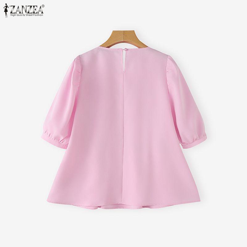 ZANZEA Lässige Bluse mit Rundhalsausschnitt, einfarbig, locker und kurzärmelig für Damen