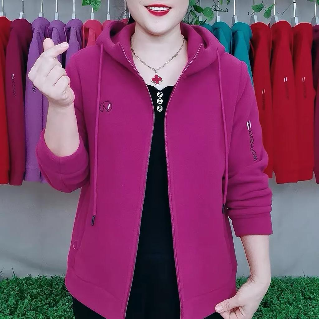 Jachetă Fleece Polar de Primăvară și Toamnă pentru Femei cu Glugă, Caldă, de Exterior, Casual, Top la Modă pentru Vârsta Mijlocie