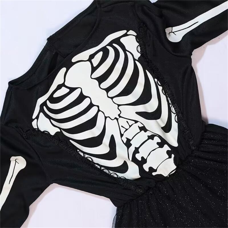 Glow in The Dark Skeleton Ghostly Witch Costume Witch Hat,Ghosty Skeleton Dress Cosplay Halloween Costume Kids Girls