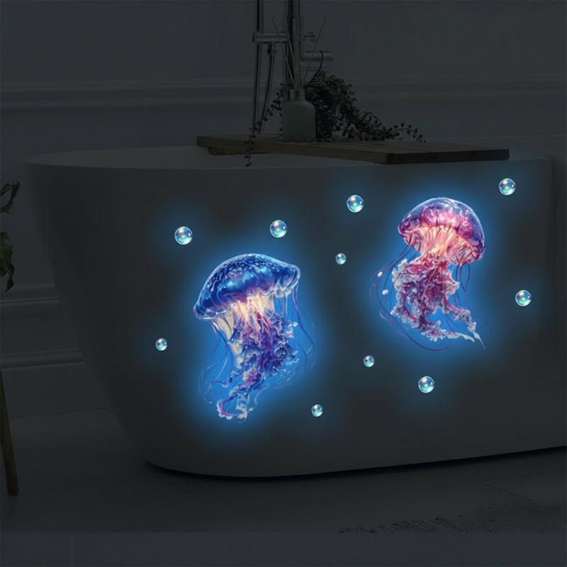 Self Adhesive Luminous Jellyfish Toilet Stickers Glow In The Dark Removable Waterproof Decals For Bathroom Wall Decor