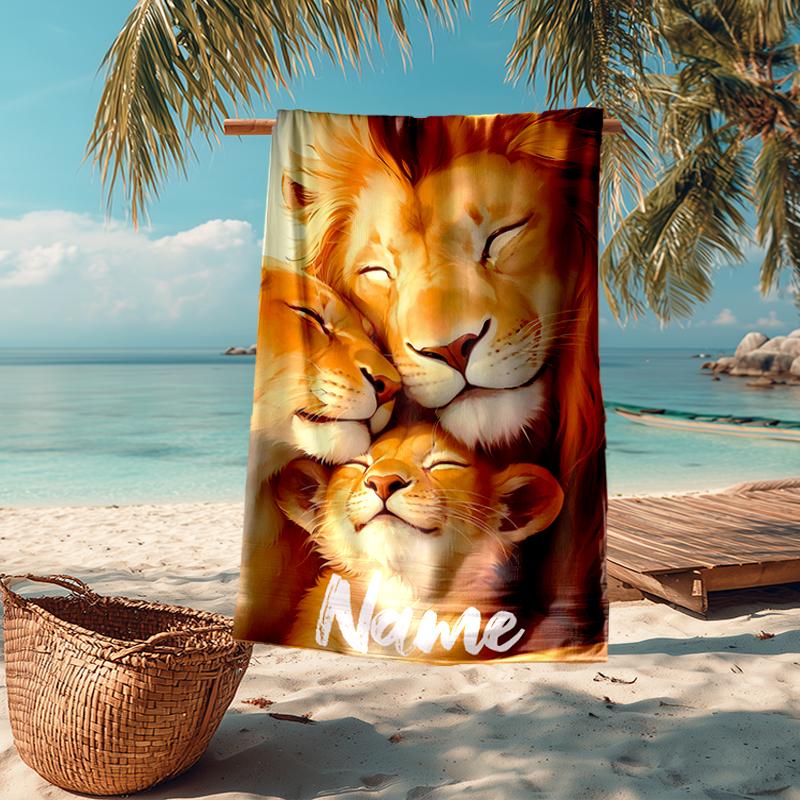 Custom Name Ultra-Soft Beach Towel with Lion Theme,Ideal for Pool - Camping, Diving - Perfect Travel Essential, Vibrant Beach Towel.