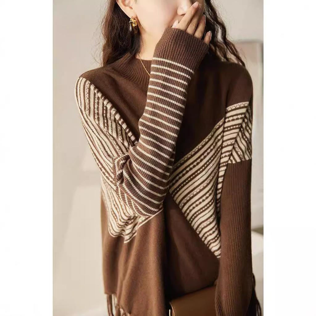European and American Style Semi-turtleneck Striped Fringed Knitted Sweater Spring and Autumn Loose Temperament Sweater Women's Outer Wear
