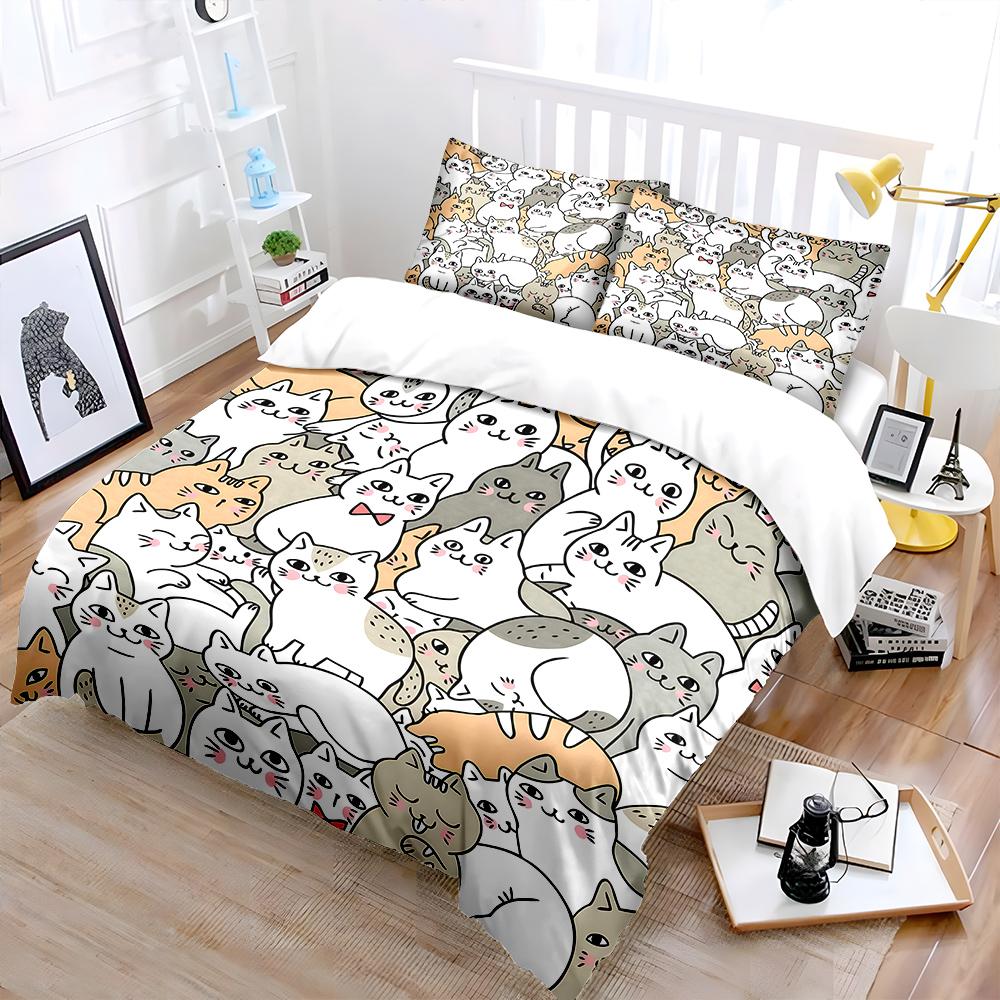 Multiple Size Cartoon Cats Cluster Bedding Set For Kids Luxury Gift 3Pcs Digital Print Comforter Set Soft Comfortable Breathable