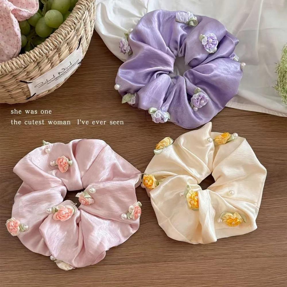 1Piece French Sweet Flower Large Intestine Scrunchie High-End, Korean Satin Rose Hair Rope Low Ponytail Rope Headdress