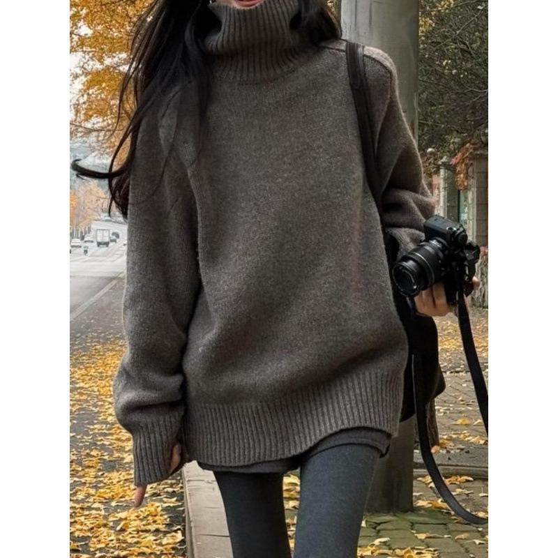 Women's Pure Wool High Neck Sweater, Loose Fit Plus Size, Mid-Length for Autumn/Winter, Covers Buttocks, Cashmere Knitwear