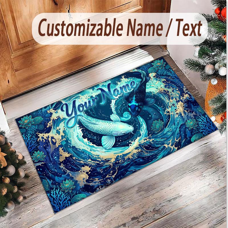 Fish Ocean Theme Soft Crystal Velvet Rug Custom Name & Text Print Non Slip Floor Rug for Bedroom Living Room