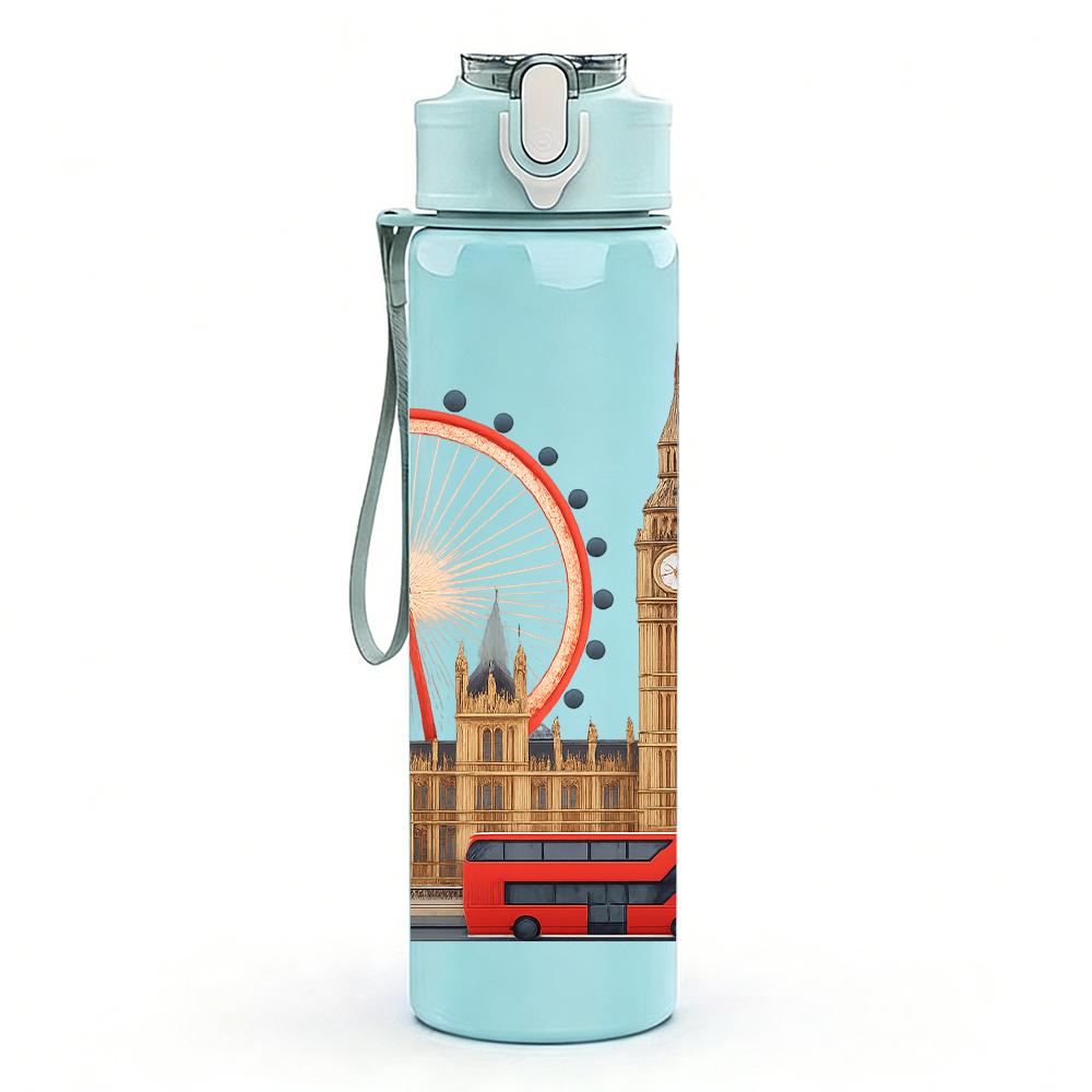 1PC London Ferris Wheel Scene 750ml Color Plastic Sports Water Bottle Leakproof Flip Straw Lid For Sports Office Home Use