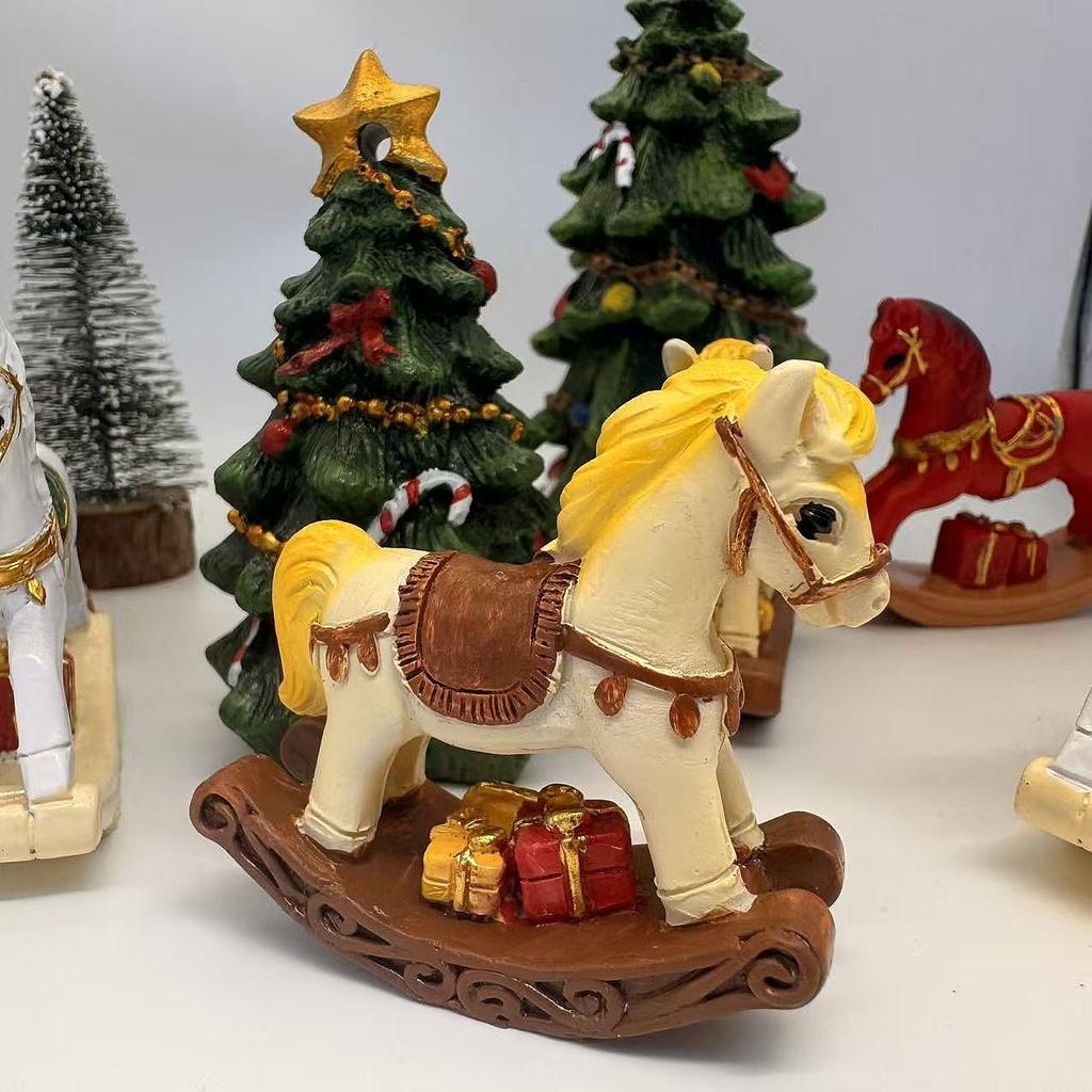Small Christmas Rocking Horse Decor Collection Desktop Animal Statue Resin Desk Figure for Birthday Shop Party Wedding Fireplace