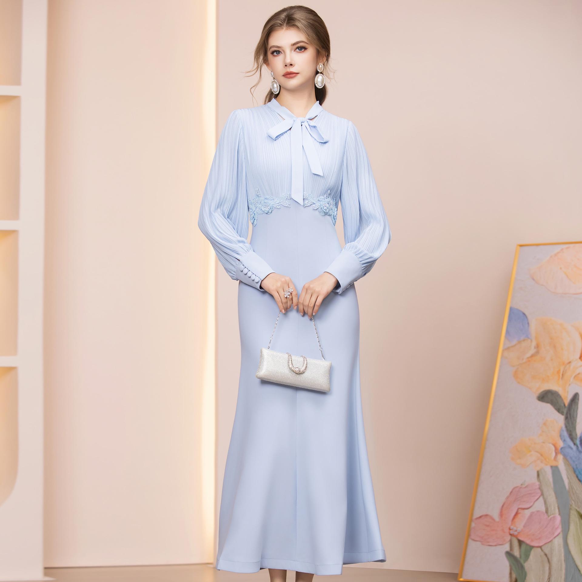 Zhi Li Light Blue Fishtail Dress: Spring 2026 Luxury Beaded Waist-Cinched French Style Small