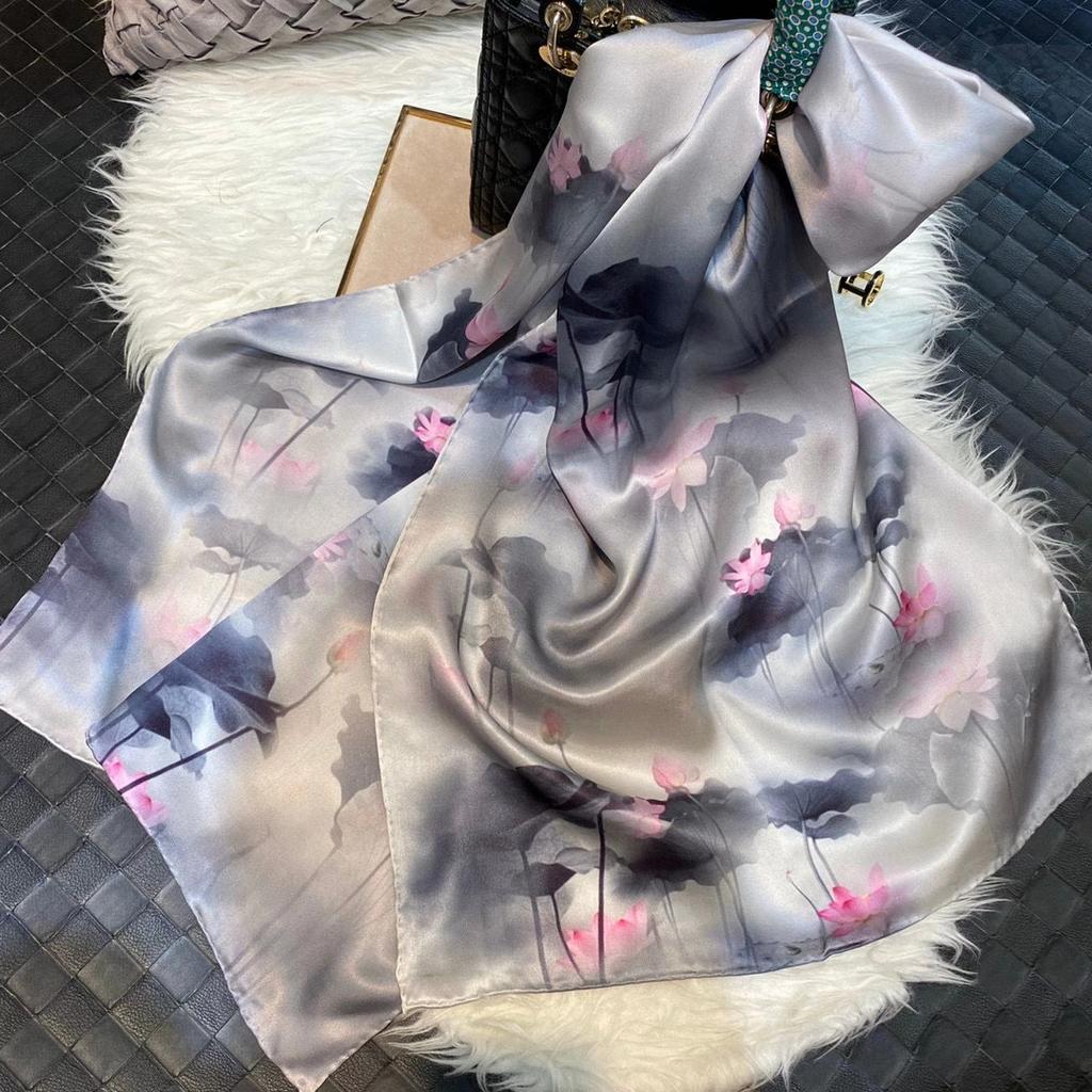 Chinese Style Ink Lotus Silk Scarf Shawl Women  New Design 100% Natural Silk Long Scarves Grey Pink Neck Scarves 175*53Cm