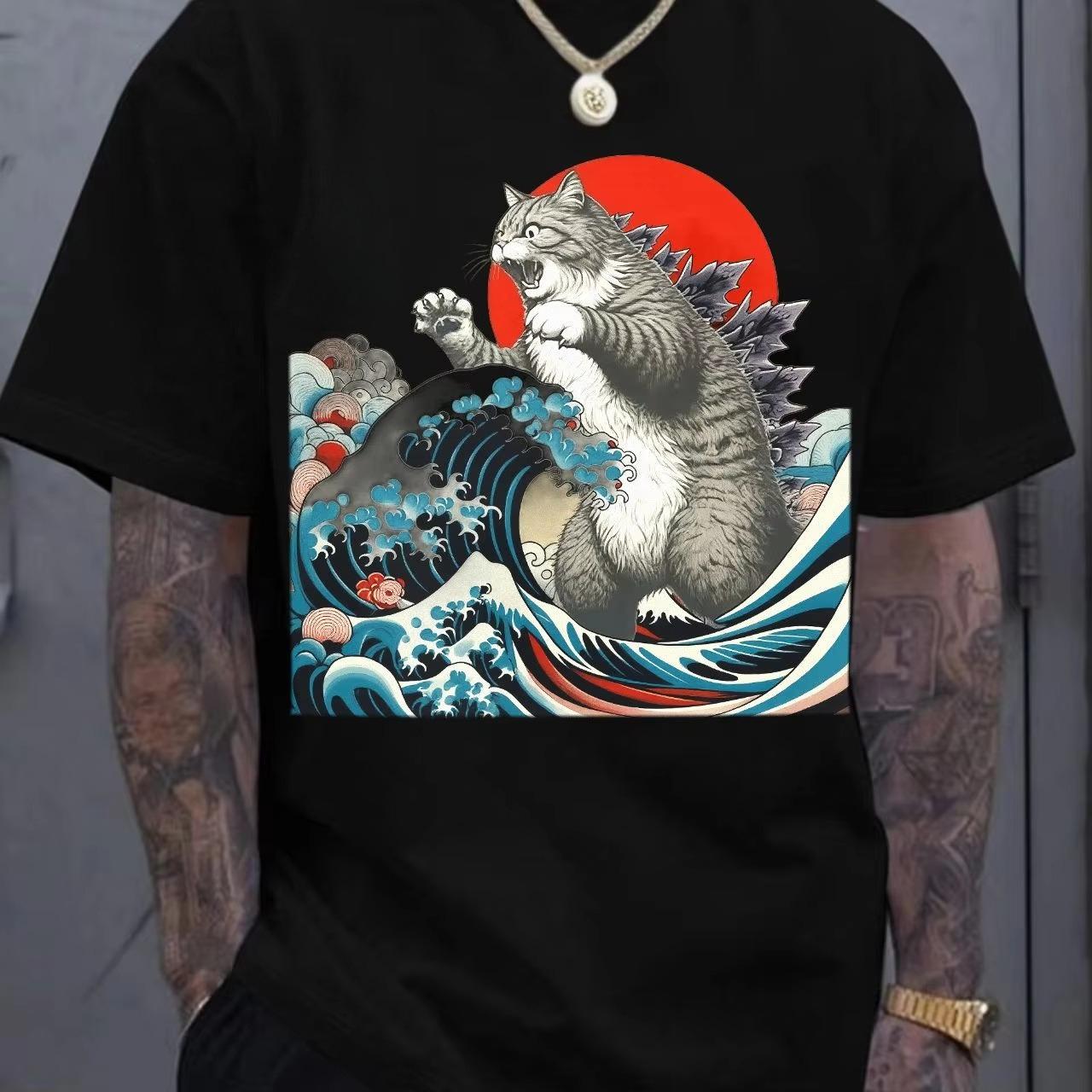 

Japanese Art Funny Cat Gifts for Men Women High Quality O-Neck Short Sleeves 100% Cotton T-Shirt Tops 4XL