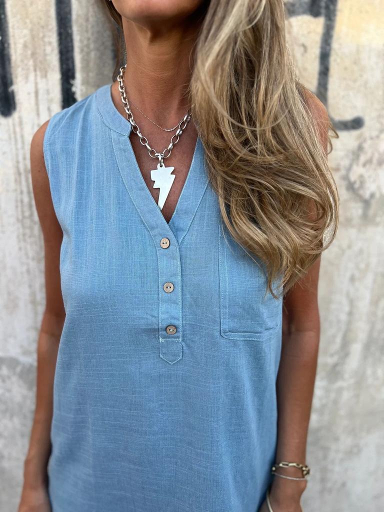 Abiti Casual in Cotone e Lino da Donna Estivi Senza Maniche Tasca a Bottone Scollo a V Profondo Mini Abiti da Festa per Donna Blu