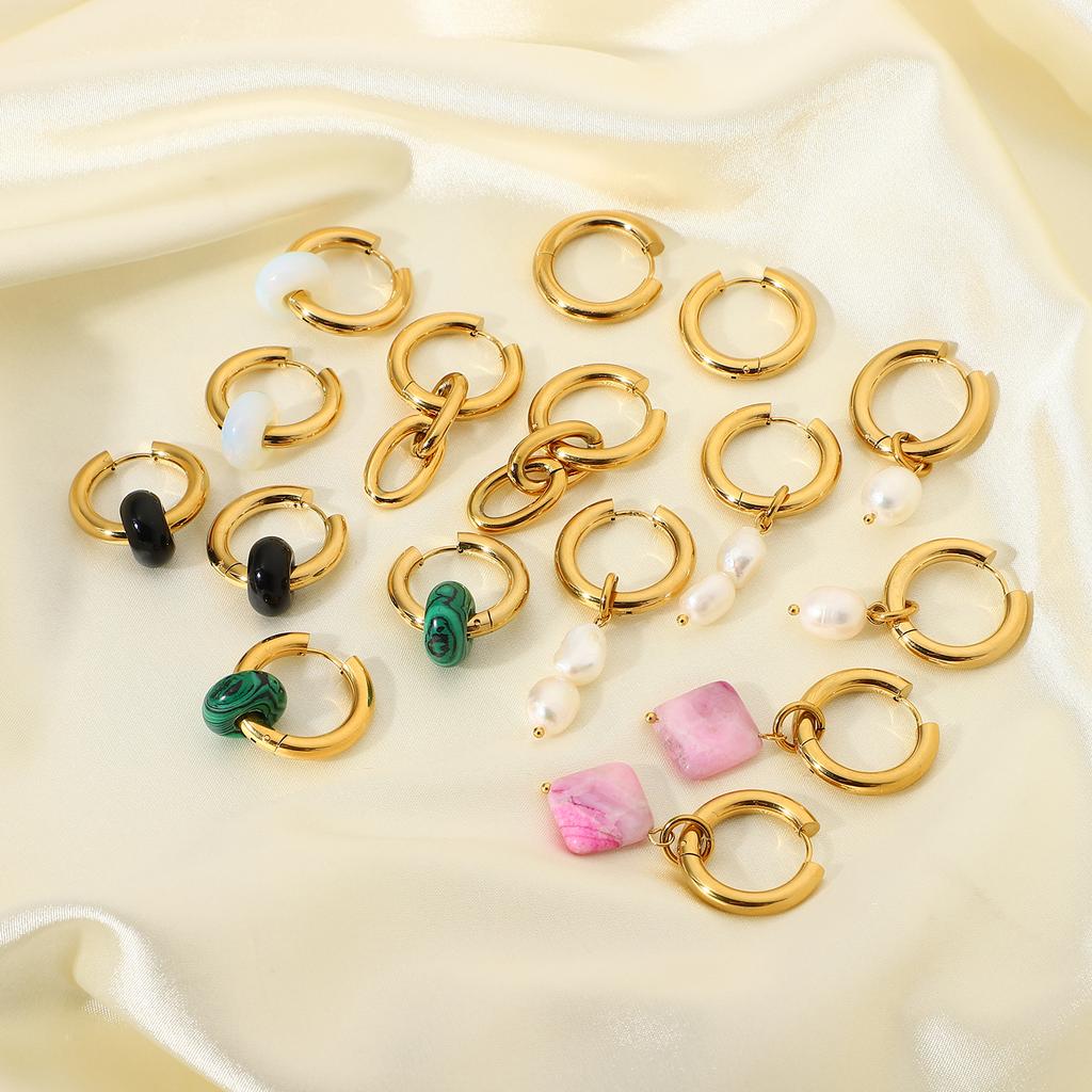 Drop shipping 1 pcs gold plated tarnish free stainless steel hoop earring jewelry green malachite natural stone huggie earrings