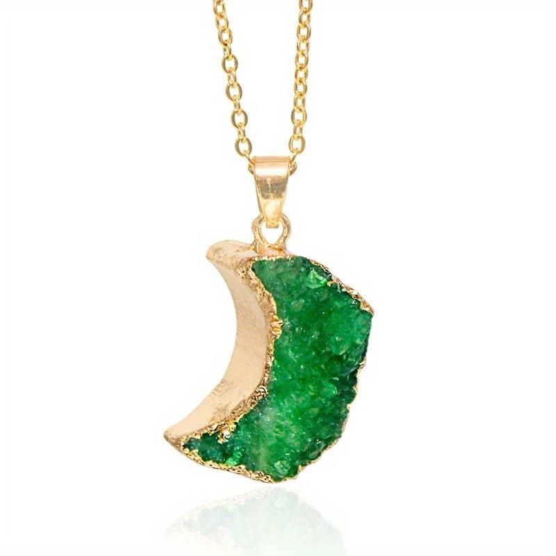 Natural Druzy Quartz Stone Moon Shape Pendant Jewelry Raw Crystal Cluster Jewelry For Women Girls Necklace Moon Cluster Stone зелёный