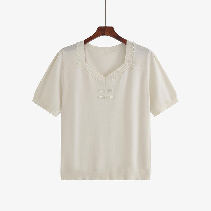 Plus Size T-shirt Women's Beaded Square Neck Blouse Spring Summer Loose Short-sleeved T-shirt Knitwear
