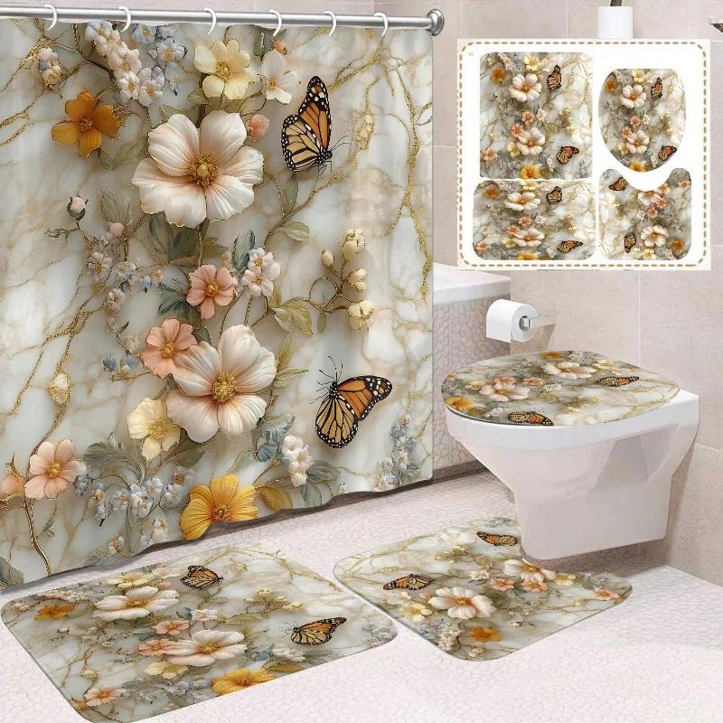 1/4 Stuks Waterdicht en schimmelbestendig Douchegordijn Luxe met Haak Douchegordijn met antislip mat U-vormige mat toiletdekselhoes