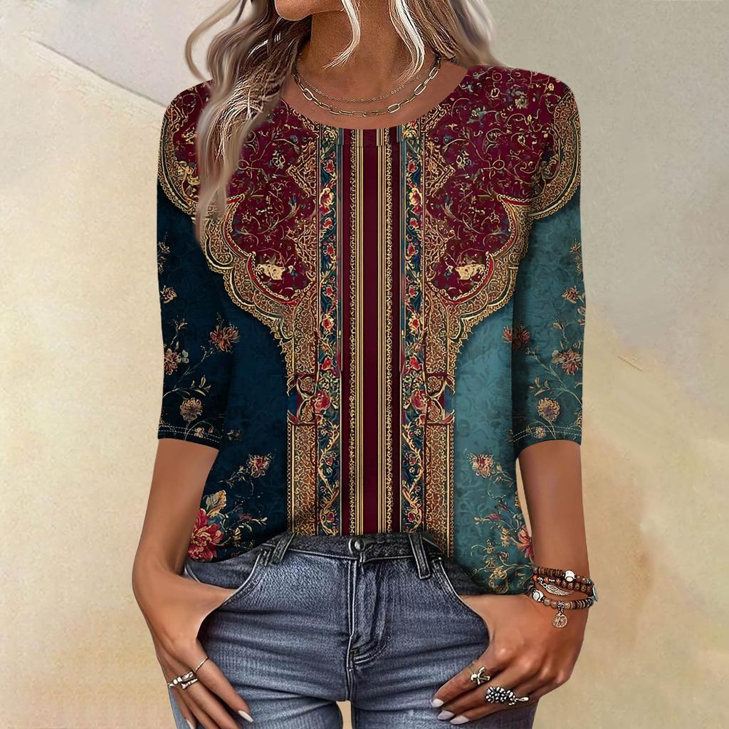 Trendy Vintage 3/4 Sleeve Top For Women,Ladies Casual Three Quarter Sleeve Round Collar Printed T-Shirt Blouse