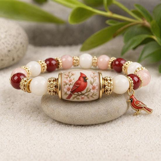 Bluebird Blessings Bracelet, Inspirational Hummingbird Strength Beaded Bracelet, Green Beads Cherry Blossoms Inspirational Jewelry for Women Spring