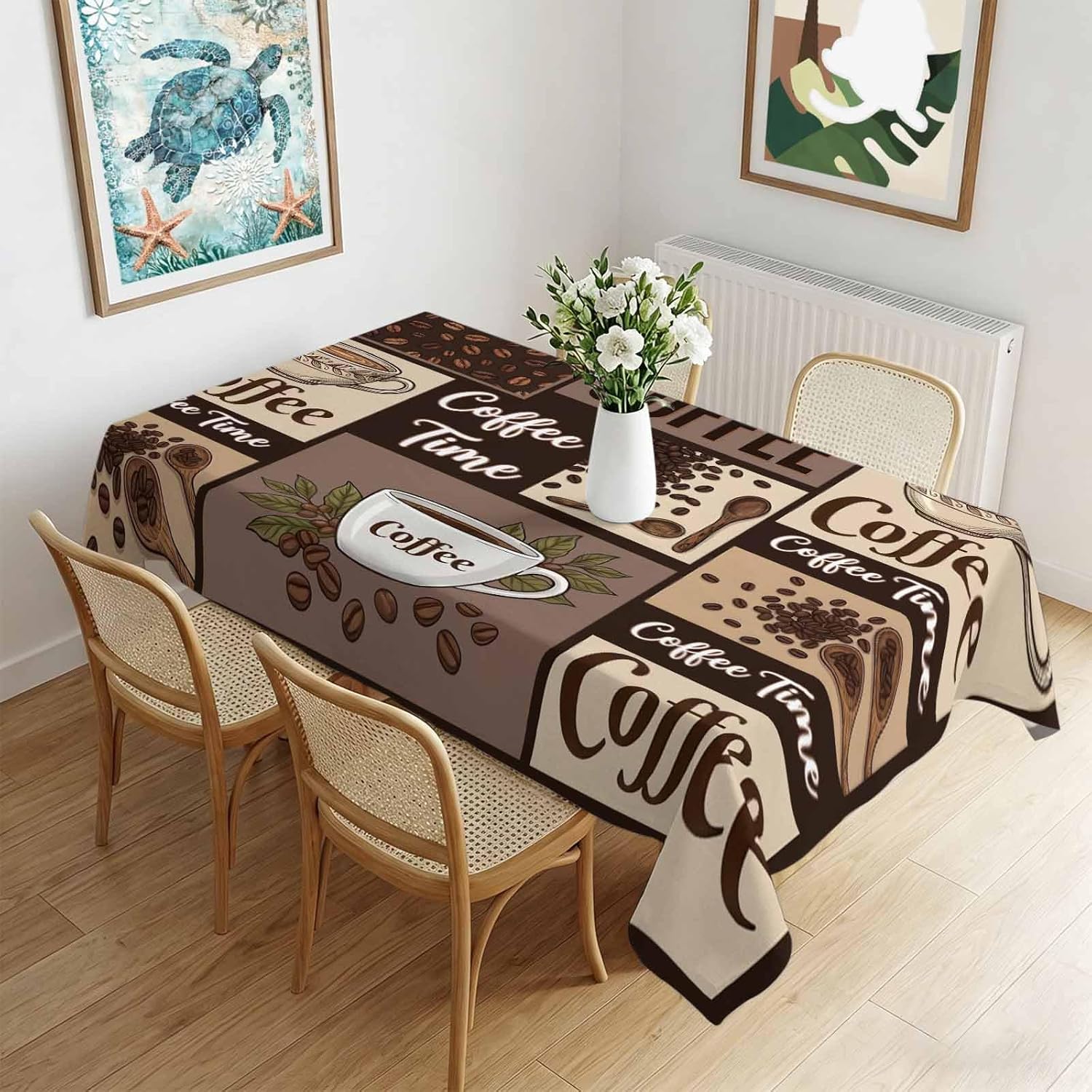 Vintage Coffee Beans Cup Rectangle Tablecloth for Table Decor Reusable Farmhouse Kitchen Dining Tablecloth Holiday Party Decor 90x140cm