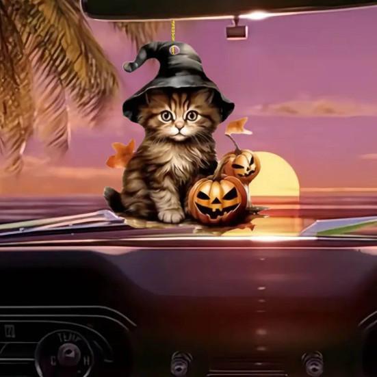 Yousheng Halloween Witch Cat Pendant Hanging Ornament with Lanyard Easy To Install Car Rear Mirror Hanging Ornament Party Decor