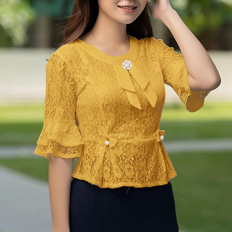 ZANZEA Women Summer Round Neck Half Sleeve Lace Patchwork Blouse
