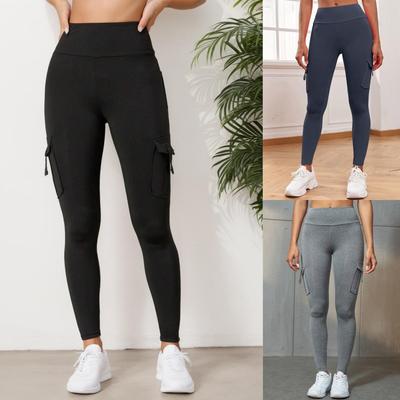 Rose Beauty A Solid Wide Waistband Running Yoga Stretch Multi Pocket Patched Cargo Leggings Trousers Fitness Yoga Pants For Women