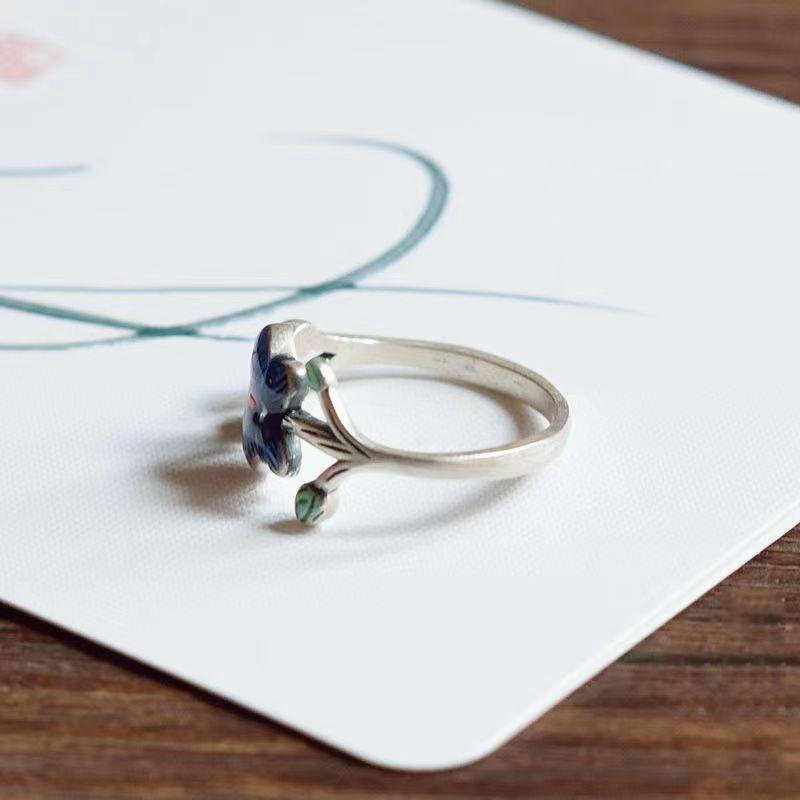 JMXD-Cloisonne Burnt Blue Phalaenopsis Ring, Small Fresh Retro Ethnic Style Literary Jewelry