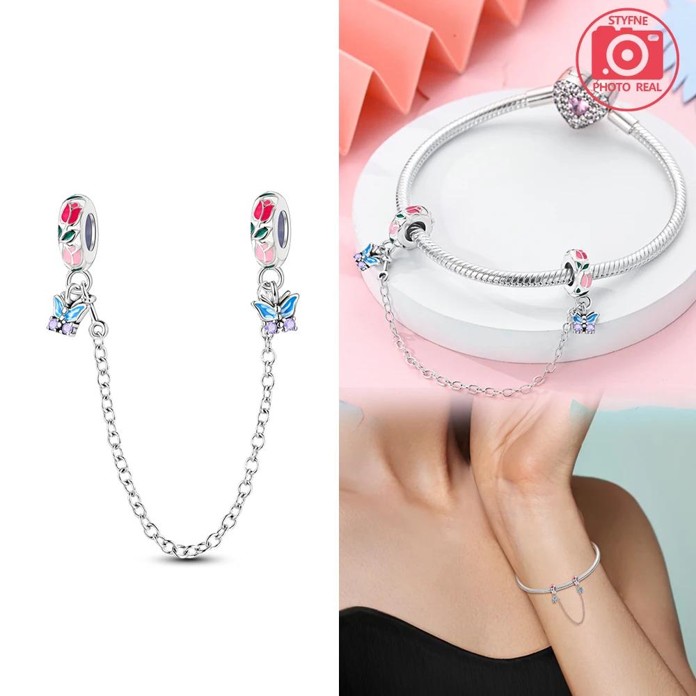 New Copper Colors Pink And Purple Butterfly Safety Chain Pendant Fit Copper Colors Original Bracelets Diy Birthday Jewelry Gift