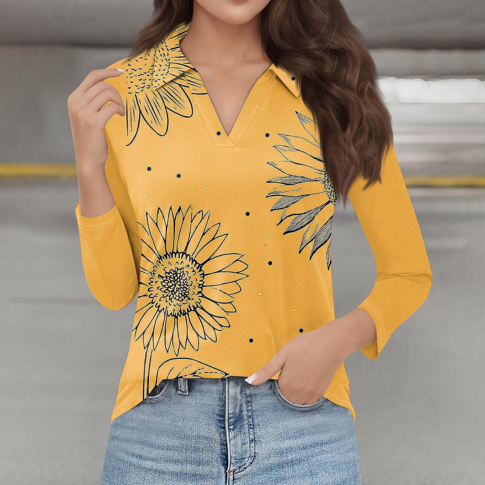 

Женская модная повседневная футболка с длинным рукавом и V-образным вырезом с цветочным принтом и лацканами XL жёлтый